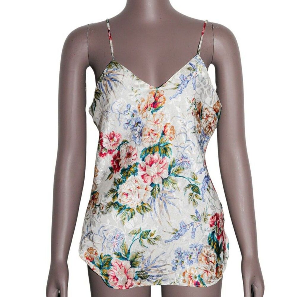 Floral Print Satin Cami Slip Top V Neck Strappy Boho Romantic Womens Size M